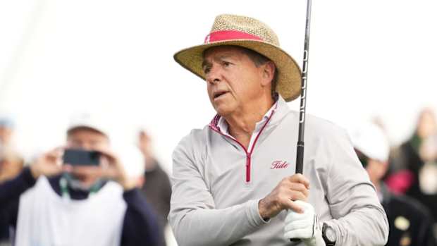 Nick Saban golfing on Feb. 7, 2024.